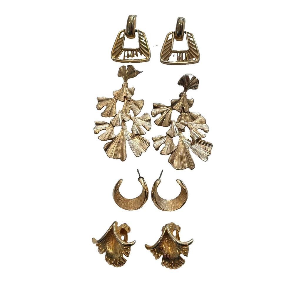 Lot of 4 Gold Tone Statement Earrings Ginkgo Leaf Organic Hoop Clip On & Post